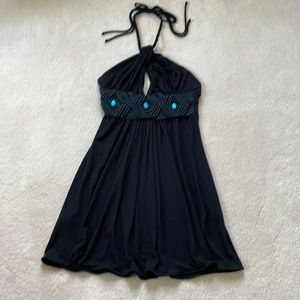 Sky Black Halter Dress with Turquoise Stone Embellishments